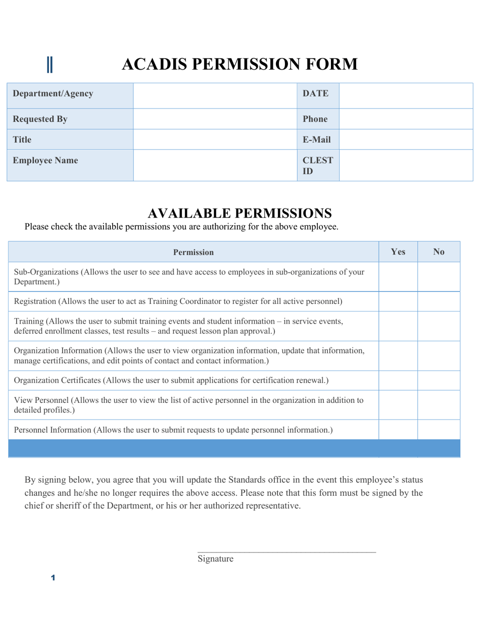 Acadis Permission Form - Arkansas, Page 1