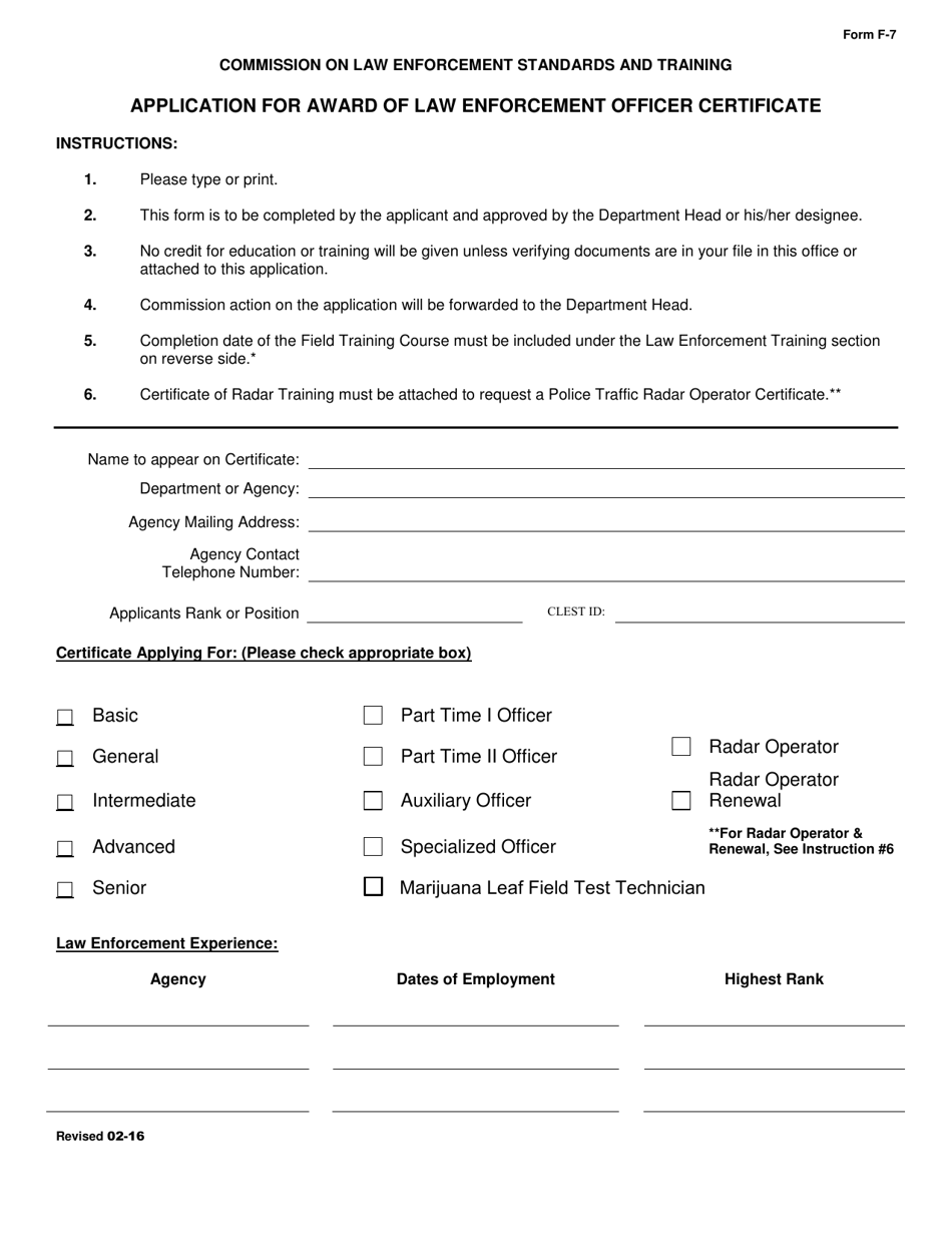 Form F-7 Application for Award of Law Enforcement Officer Certificate - Arkansas, Page 1