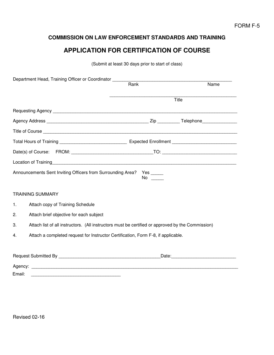 Form F-5 Application for Certification of Course - Arkansas, Page 1