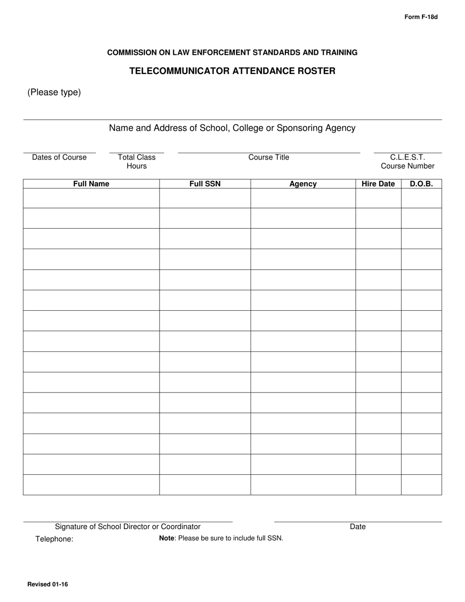 Form F-18D Telecommunications Attendance Roster - Arkansas, Page 1