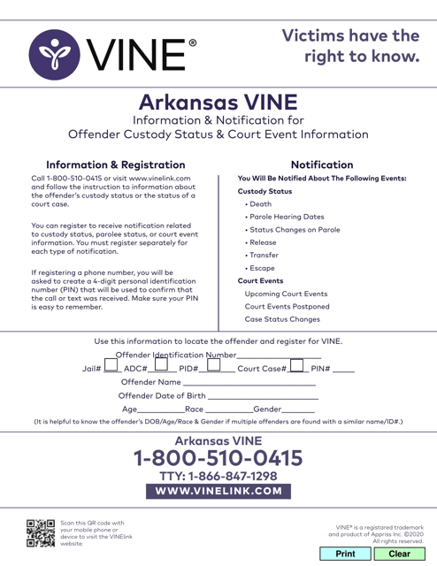 Arkansas Vine Information & Notification for Offender Custody Status & Court Event Information - Arkansas Download Pdf