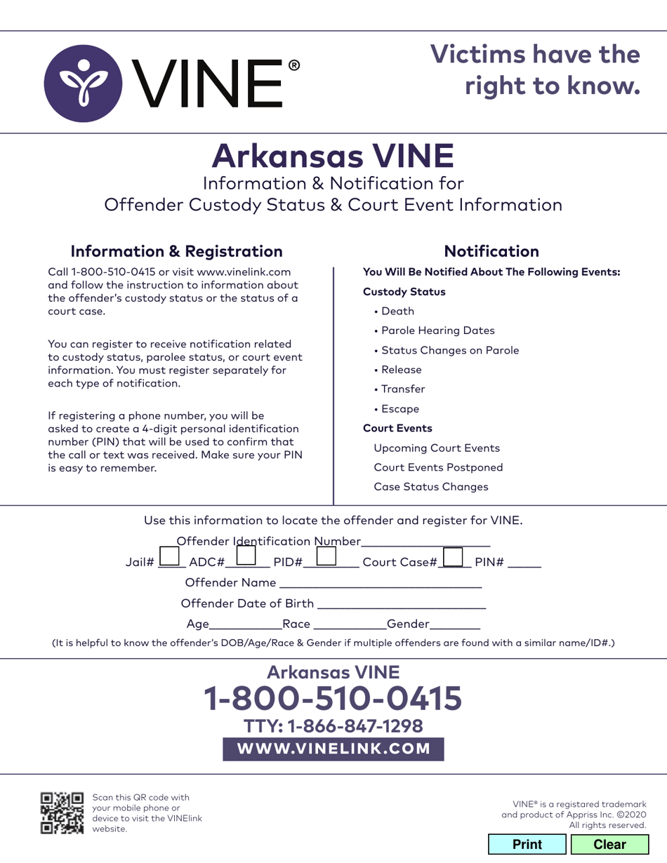 Arkansas Arkansas Vine Information & Notification for Offender Custody
