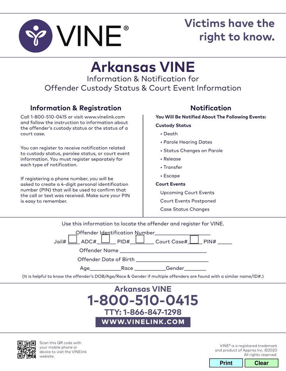 Arkansas Vine Information  Notification for Offender Custody Status  Court Event Information - Arkansas, Page 1