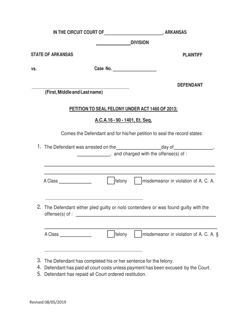 Petition to Seal Felony Under Act 1460 of 2013 - Arkansas, Page 1