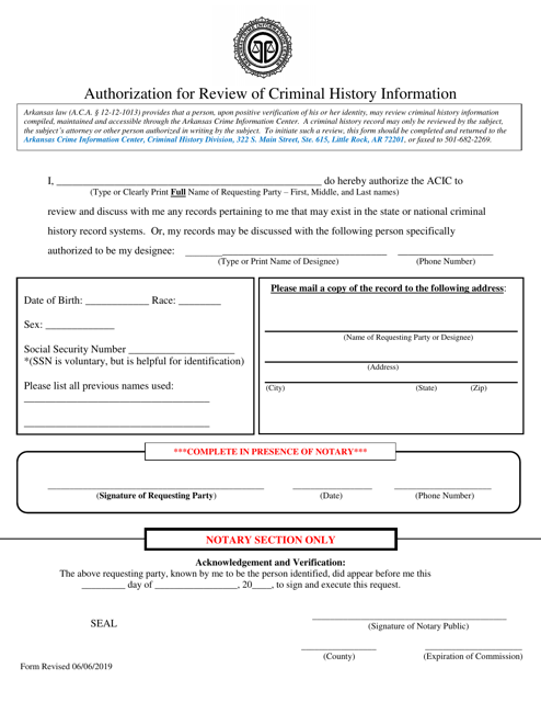 Authorization for Review of Criminal History Information - Arkansas Download Pdf