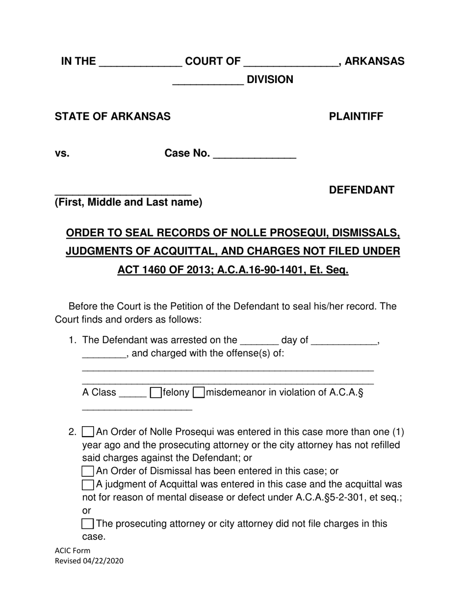 Order to Seal Records of Nolle Prosequi, Dismissals, Judgments of Acquittal, and Charges Not Filed - Arkansas, Page 1