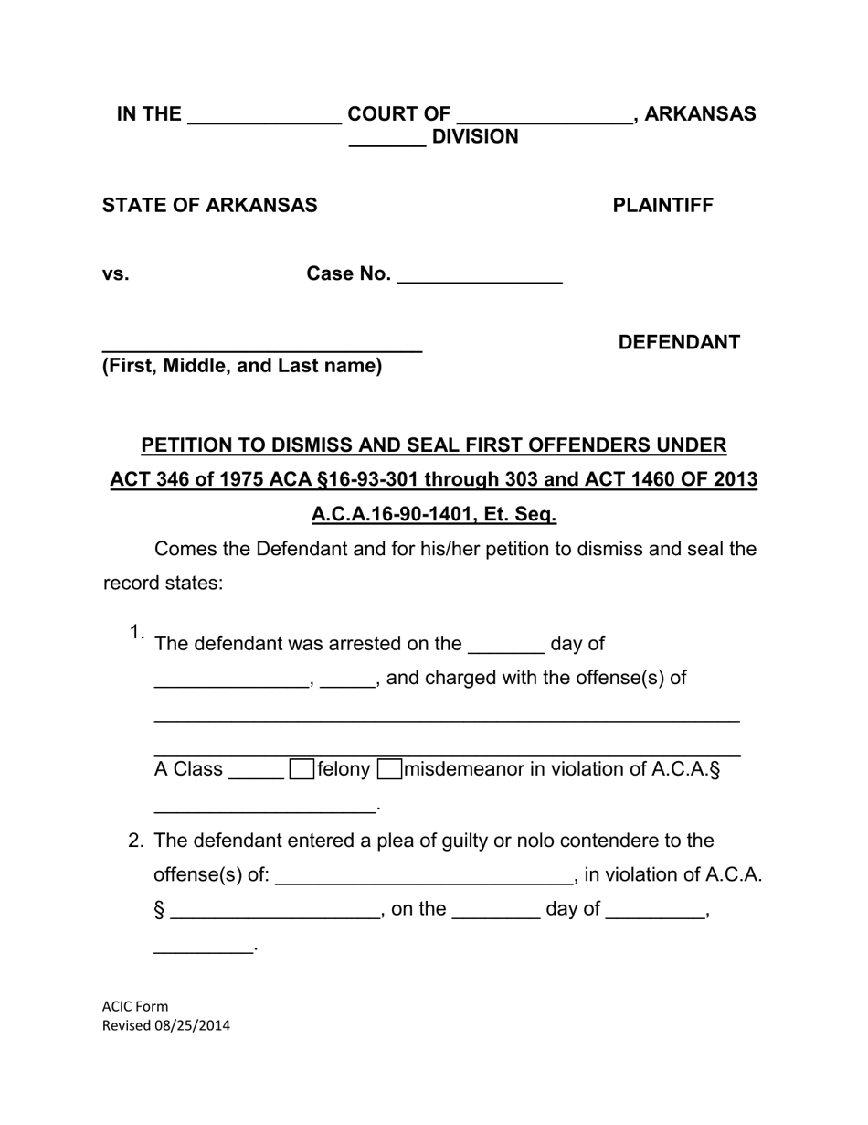 Petition to Dismiss and Seal First Offenders - Arkansas, Page 1