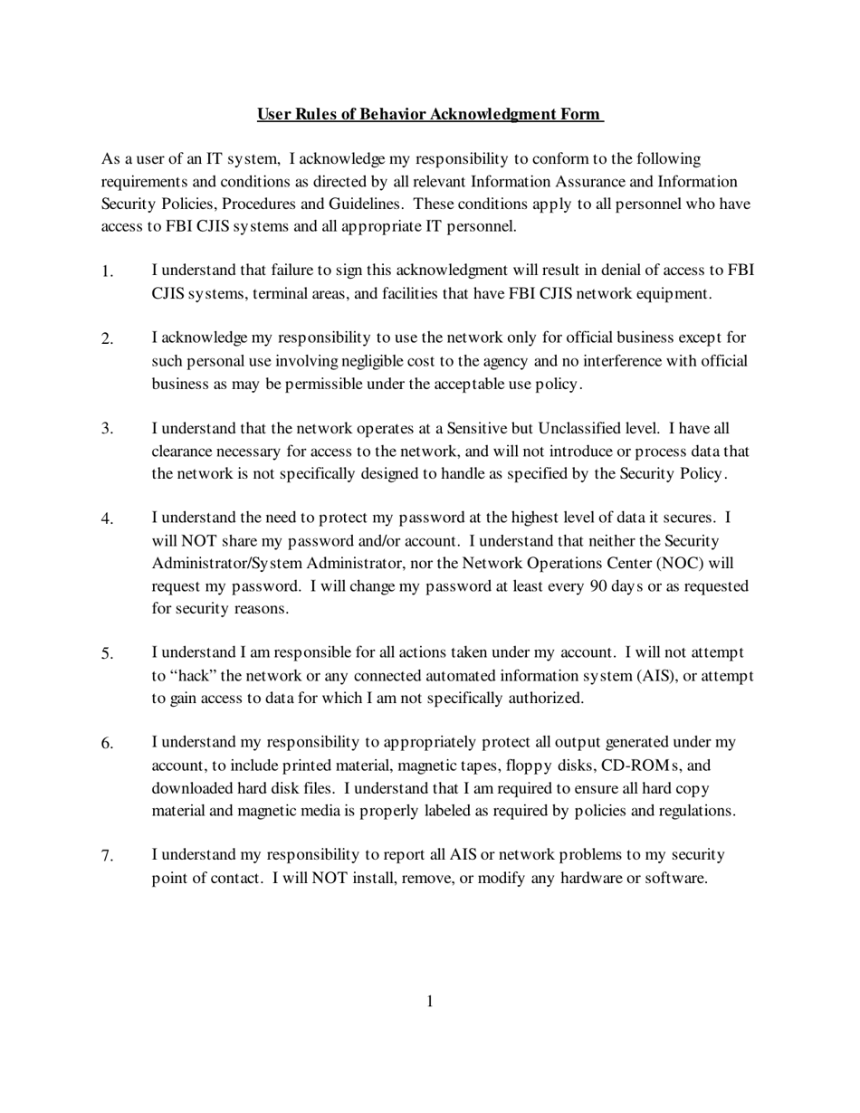 User Rules of Behavior Acknowledgment Form, Page 1