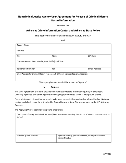 Noncriminal Justice Agency User Agreement for Release of Criminal History Record Information - Arkansas Download Pdf