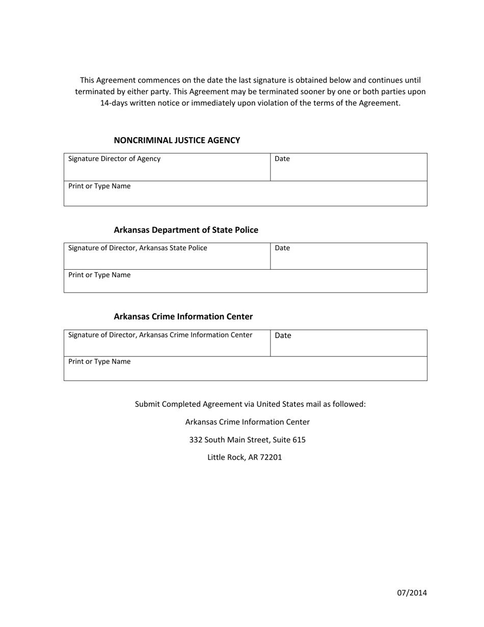 Arkansas Noncriminal Justice Agency User Agreement For Release Of Criminal History Record 0350