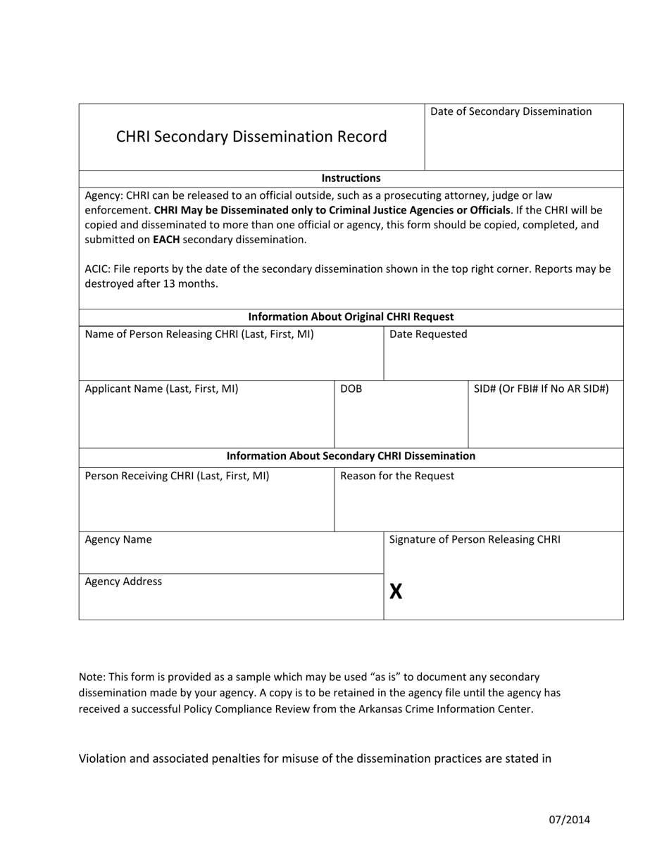 Chri Secondary Dissemination Record - Arkansas, Page 1