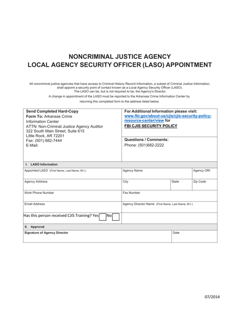 Noncriminal Justice Agency Local Agency Security Officer (Laso) Appointment - Arkansas Download Pdf