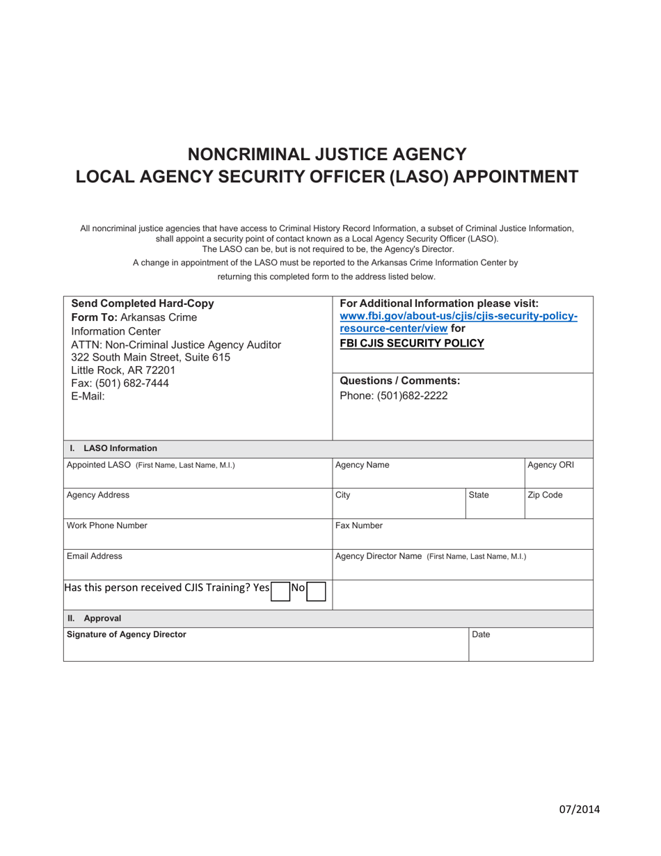 Noncriminal Justice Agency Local Agency Security Officer (Laso) Appointment - Arkansas, Page 1