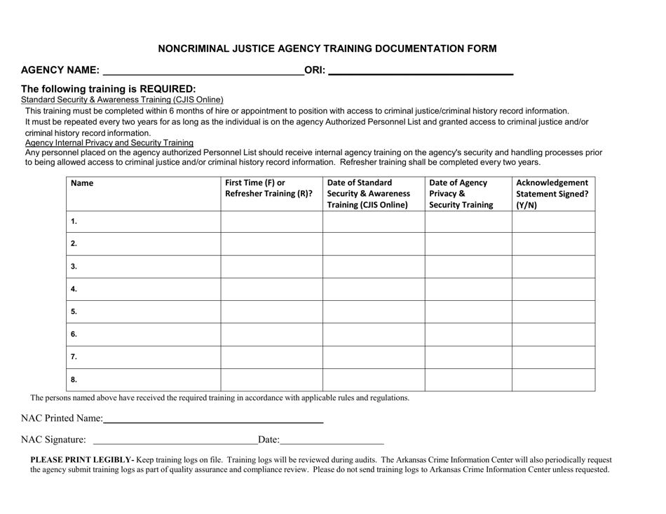 Noncriminal Justice Agency Training Documentation Form - Arkansas, Page 1