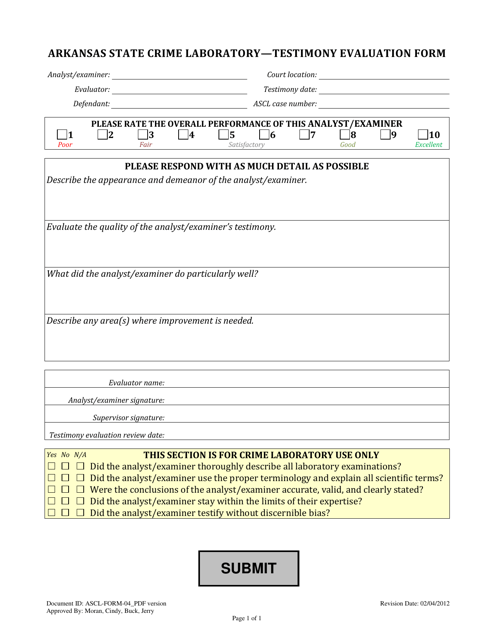 Arkansas Arkansas State Crime Laboratory Testimony Evaluation Form 