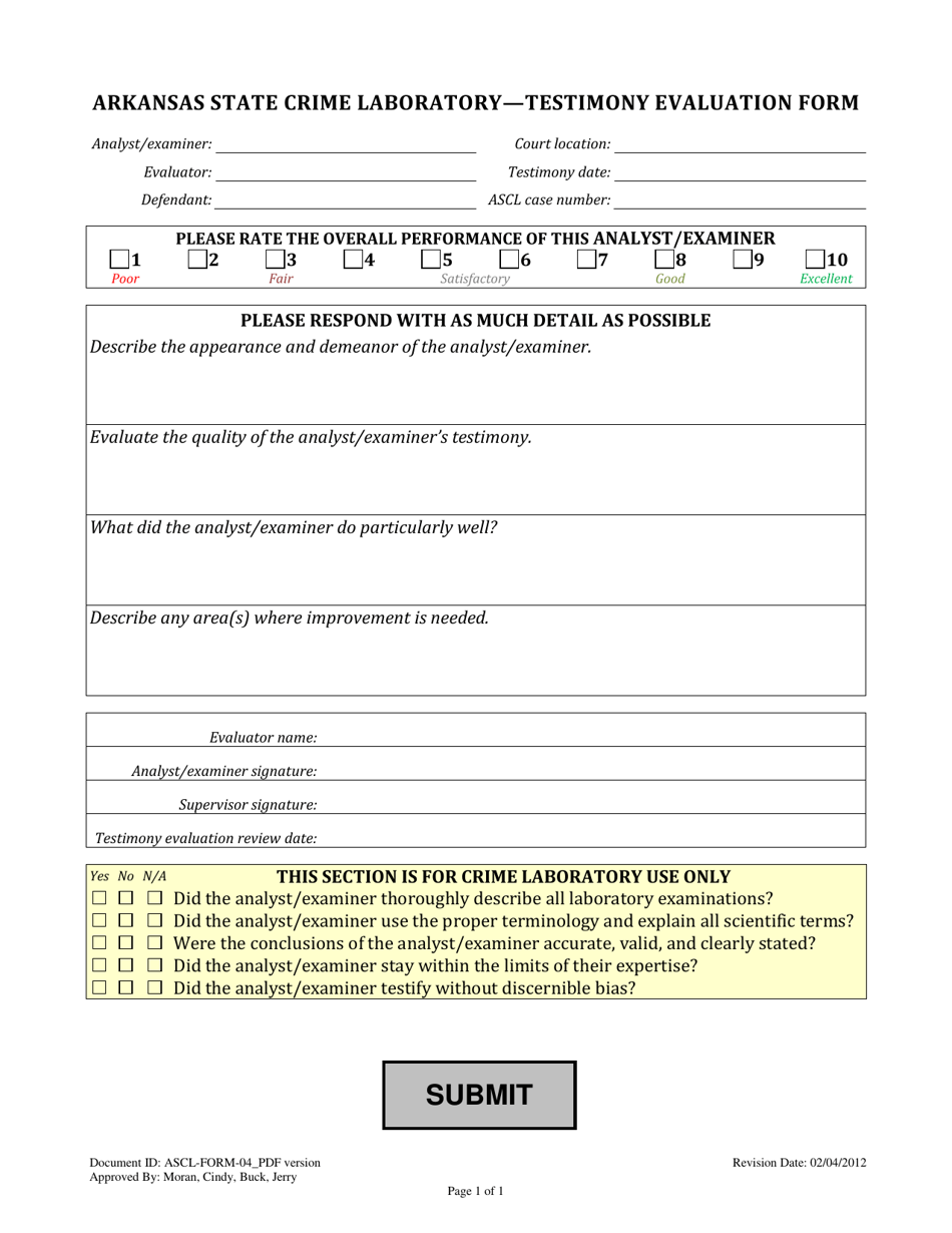 Arkansas State Crime Laboratory - Testimony Evaluation Form - Arkansas, Page 1