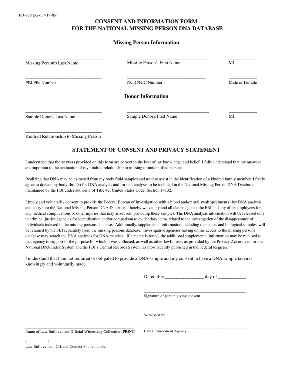 Form FD-935 Consent and Information Form for the National Missing Person Dna Database - Arkansas, Page 1