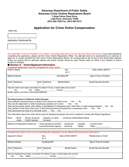 Application for Crime Victim Compensation - Arkansas Download Pdf