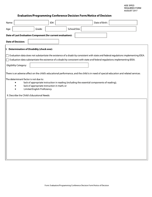 Evaluation/Programming Conference Decision Form/Notice of Decision - Arkansas