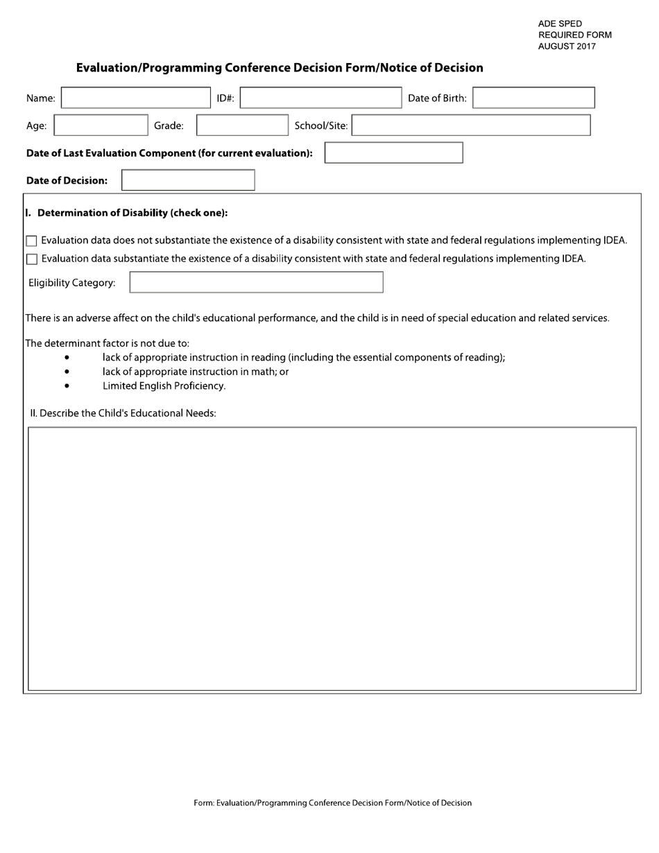 Evaluation / Programming Conference Decision Form / Notice of Decision - Arkansas, Page 1