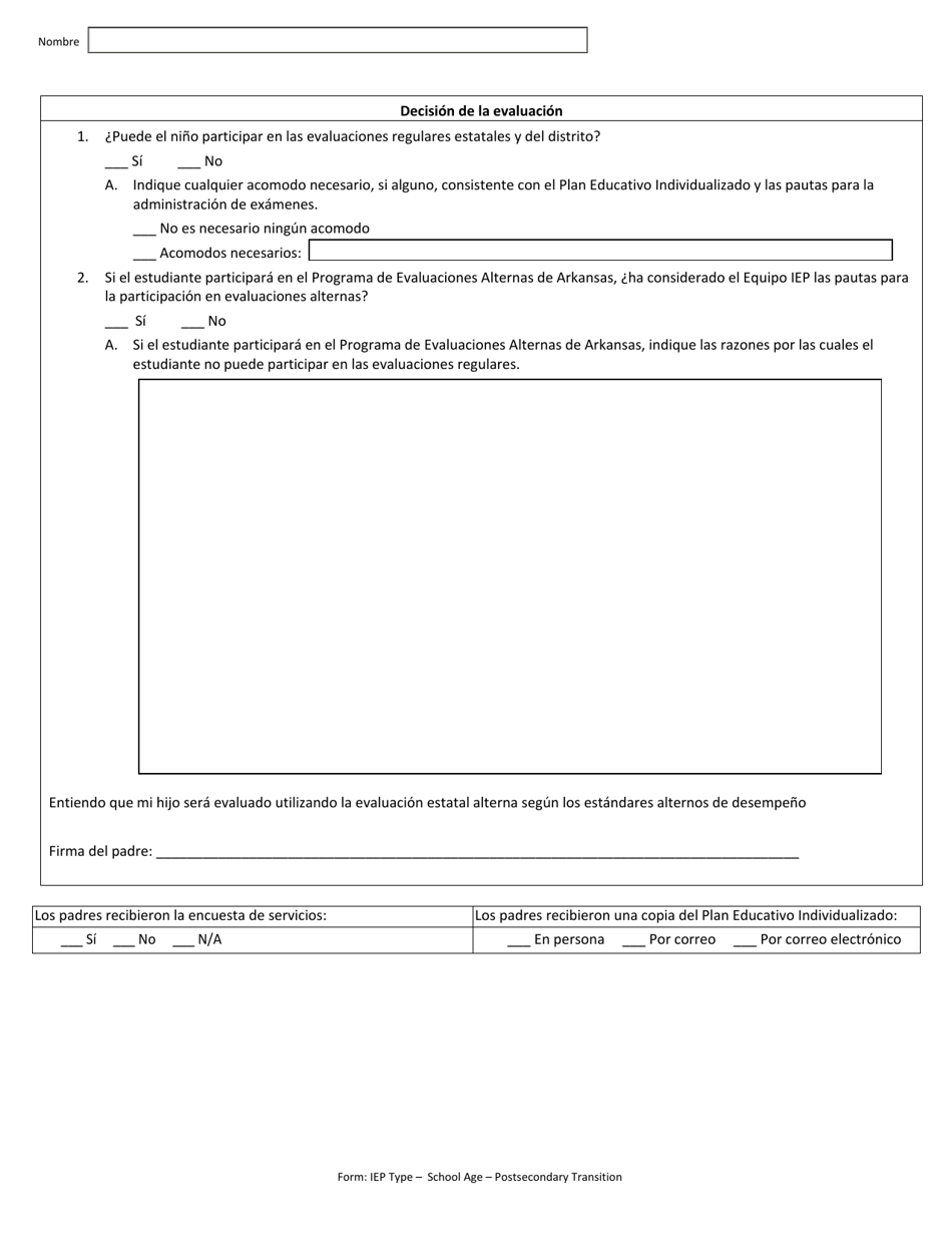 Programa De Educacion Individualizado - Edad Escolar (Transicion Post-secundaria) - Arkansas (Spanish), Page 13