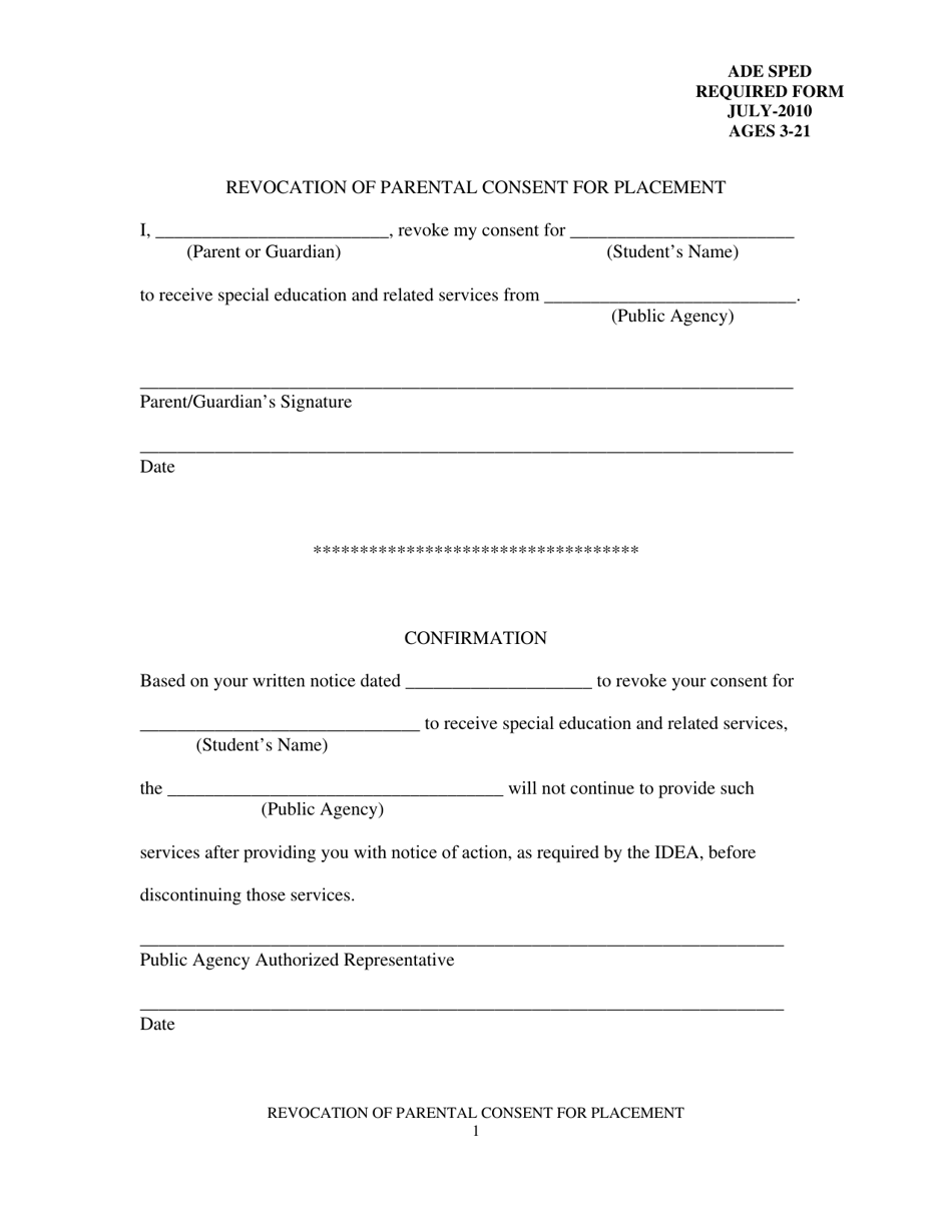 Revocation of Parent Consent for Placement, Ages 3-21 - Arkansas, Page 1