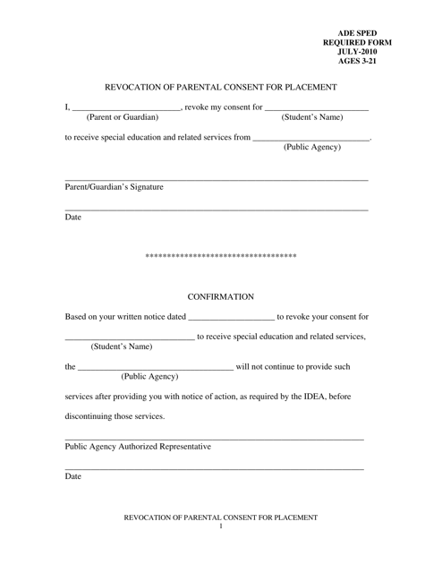 Revocation of Parent Consent for Placement, Ages 3-21 - Arkansas