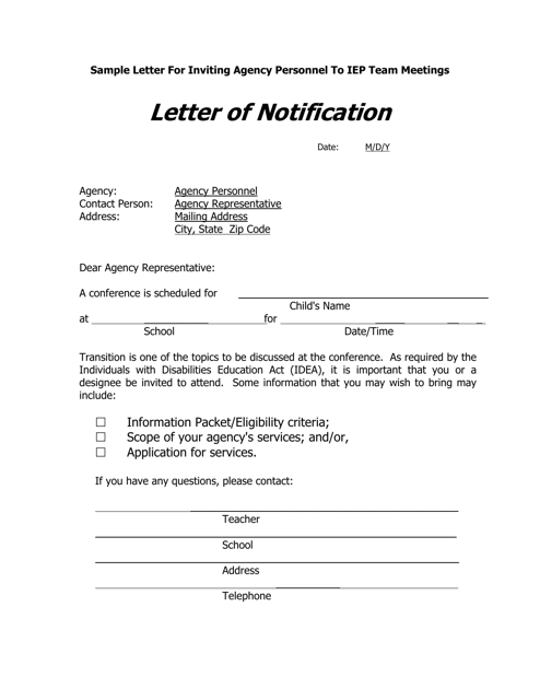 Sample Letter for Inviting Agency Personnel to Iep Team Meetings - Arkansas Download Pdf
