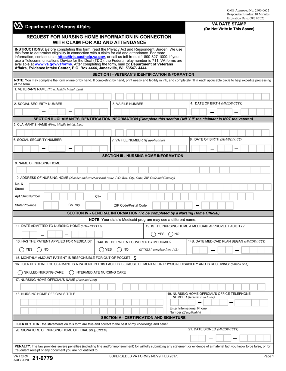 VA Form 21-0779 Request for Nursing Home Information in Connection With Claim for Aid and Attendance, Page 1