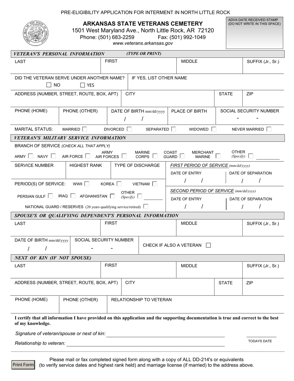 Pre-eligibility Application for Interment in North Little Rock - Arkansas, Page 1