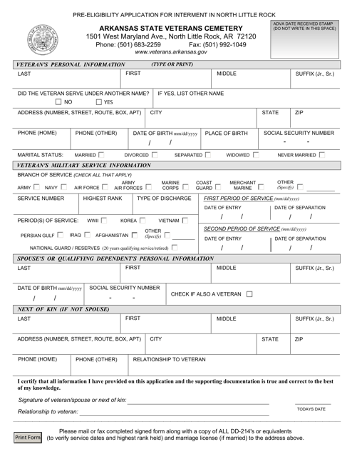 Pre-eligibility Application for Interment in North Little Rock - Arkansas Download Pdf