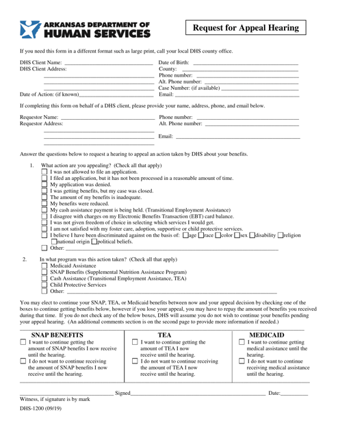 Form DHS-1200 Request for Appeal Hearing - Arkansas