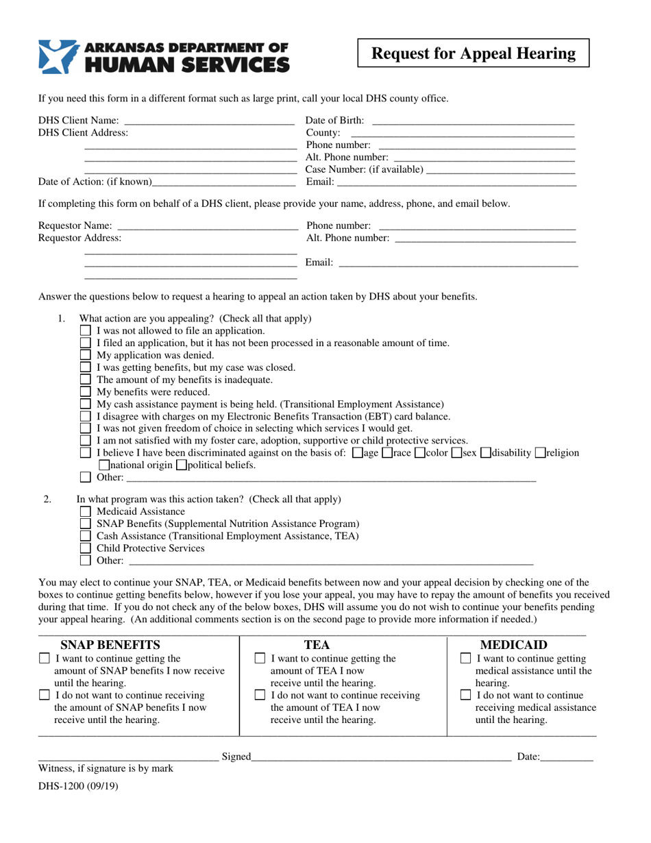 Form DHS-1200 Request for Appeal Hearing - Arkansas, Page 1
