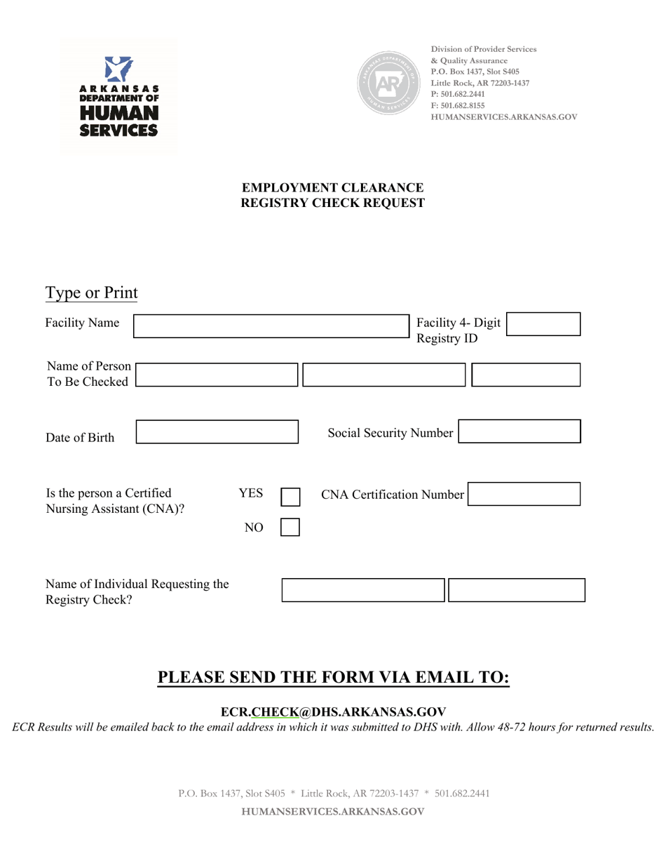 Employment Clearance Registry Check Request - Arkansas, Page 1