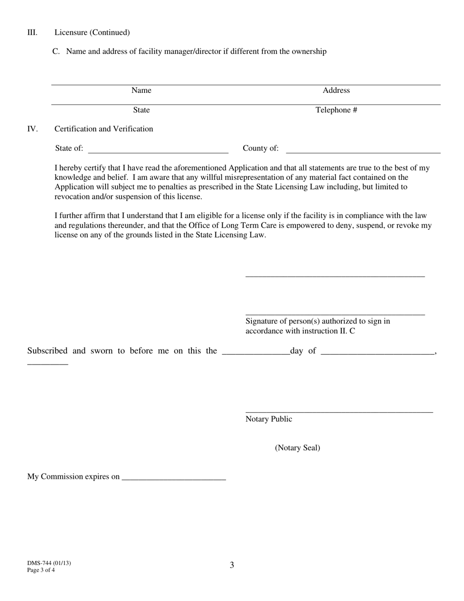 Form DMS-744 Application for License to Conduct a Long Term Residential Care, Adult Day Care Facility, Adult Day Health Care or Post Acute Head Injury - Arkansas, Page 3