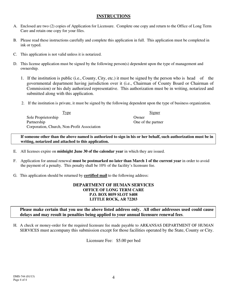 Form DMS-744 Application for License to Conduct a Long Term Residential Care, Adult Day Care Facility, Adult Day Health Care or Post Acute Head Injury - Arkansas, Page 4