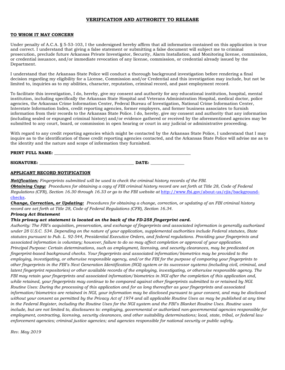 Verification and Authority to Release - Arkansas, Page 1