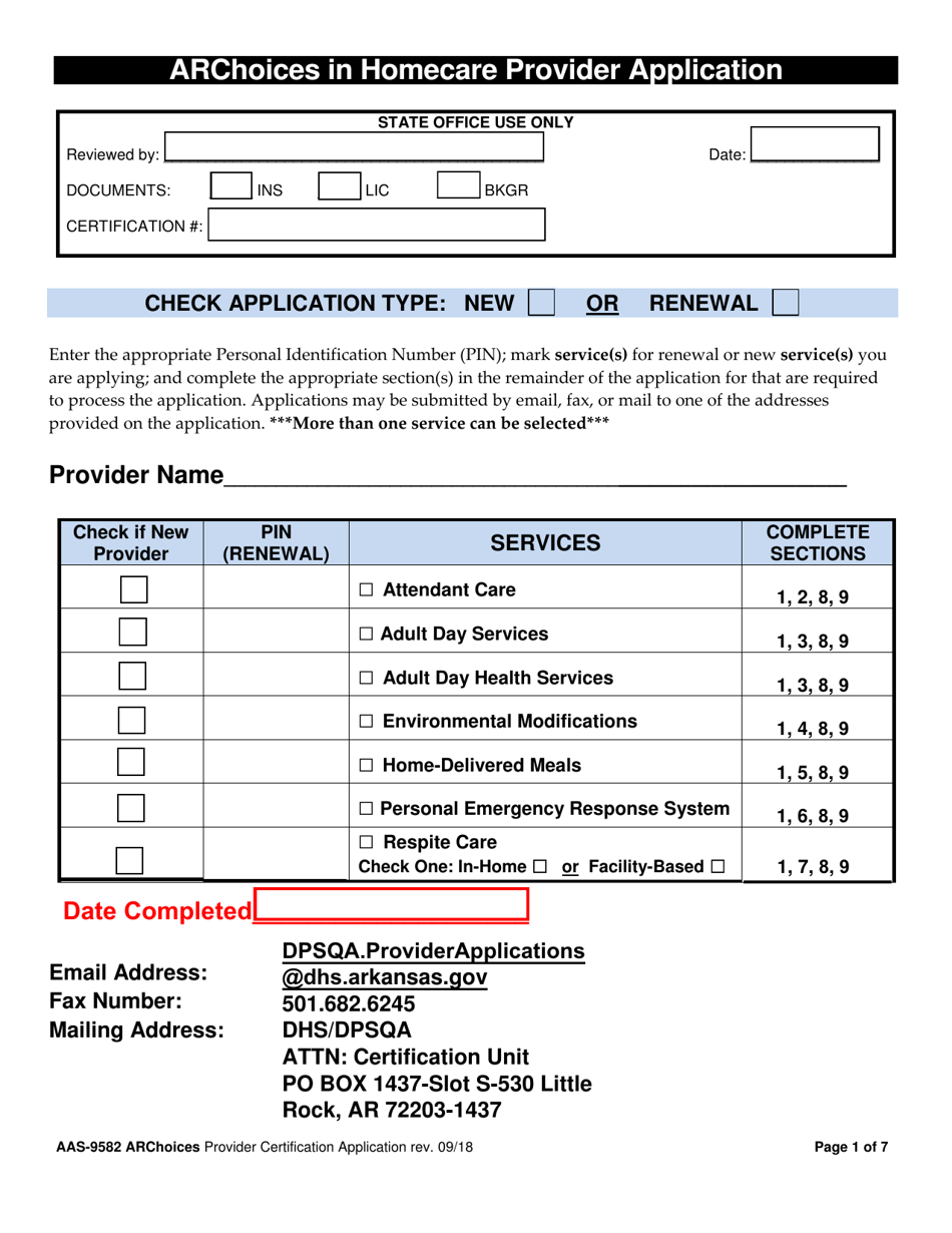 Form AAS-9582 Archoices in Homecare Provider Application - Arkansas, Page 1