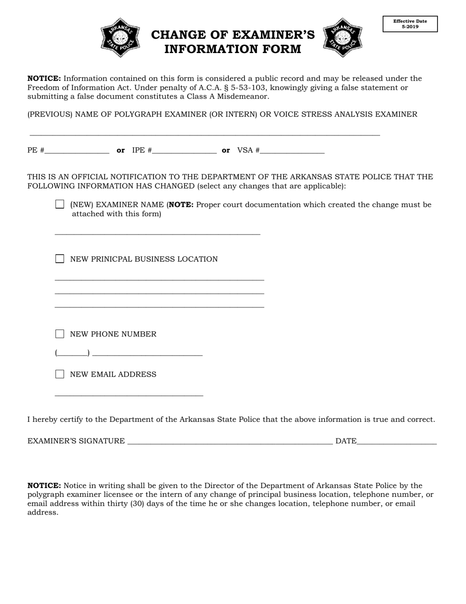 Change of Examiners Information Form - Arkansas, Page 1