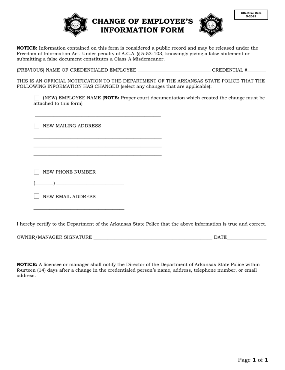 Change of Employees Information Form - Arkansas, Page 1