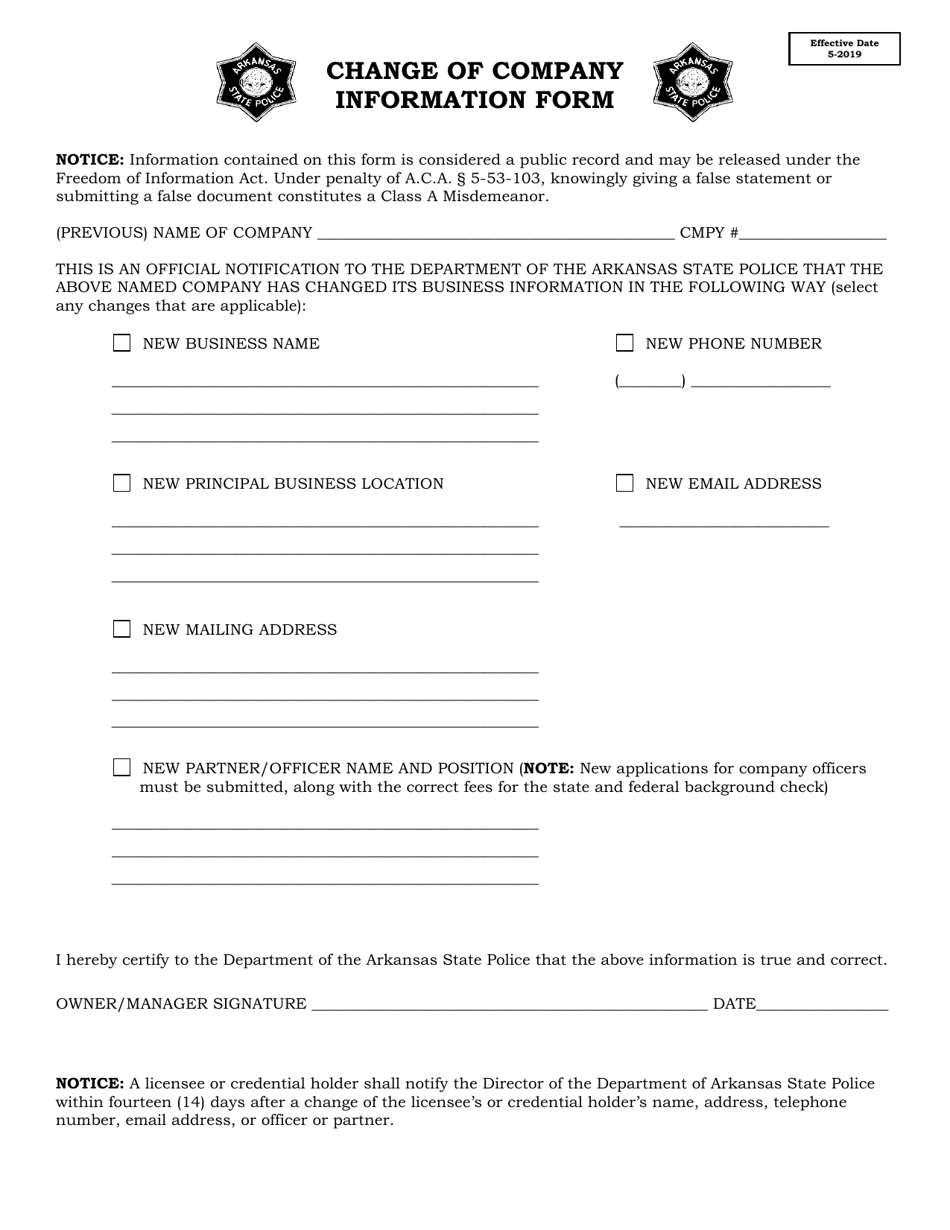 Change of Company Information Form - Arkansas, Page 1
