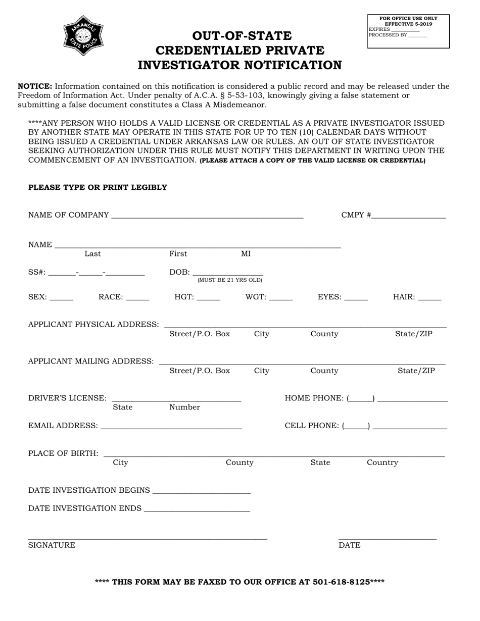 Out-of-State Credentialed Private Investigator Notification - Arkansas, Page 1