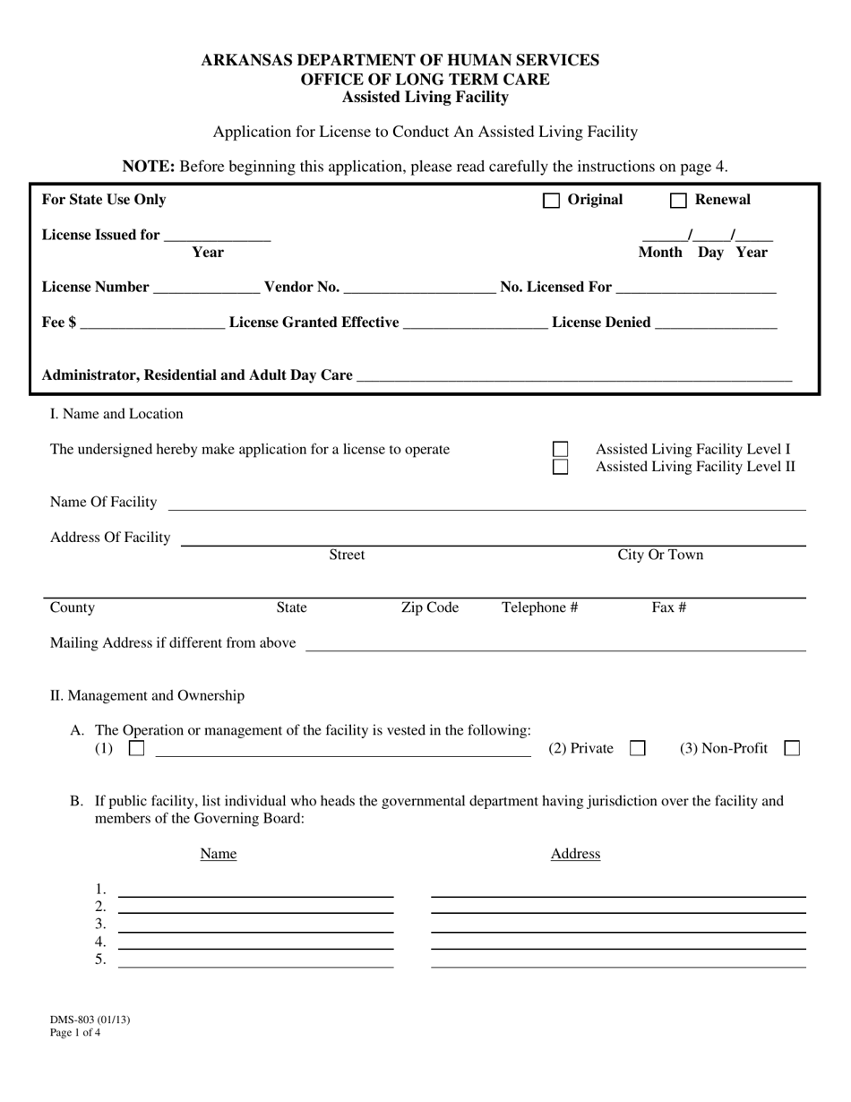 Form DMS-803 Application for License to Conduct an Assisted Living Facility - Arkansas, Page 1