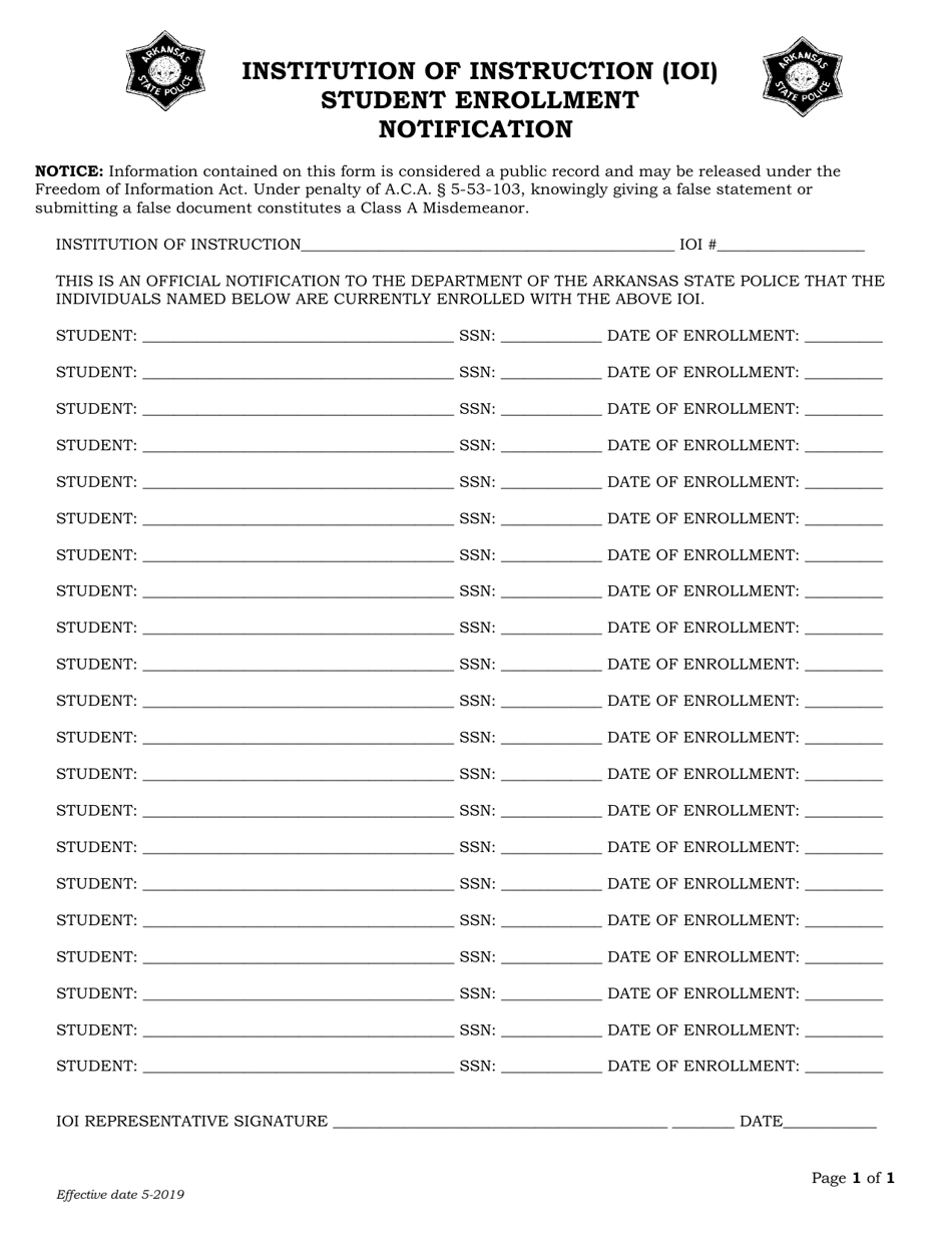 Institution of Instruction (Ioi) Student Enrollment Notification - Arkansas, Page 1