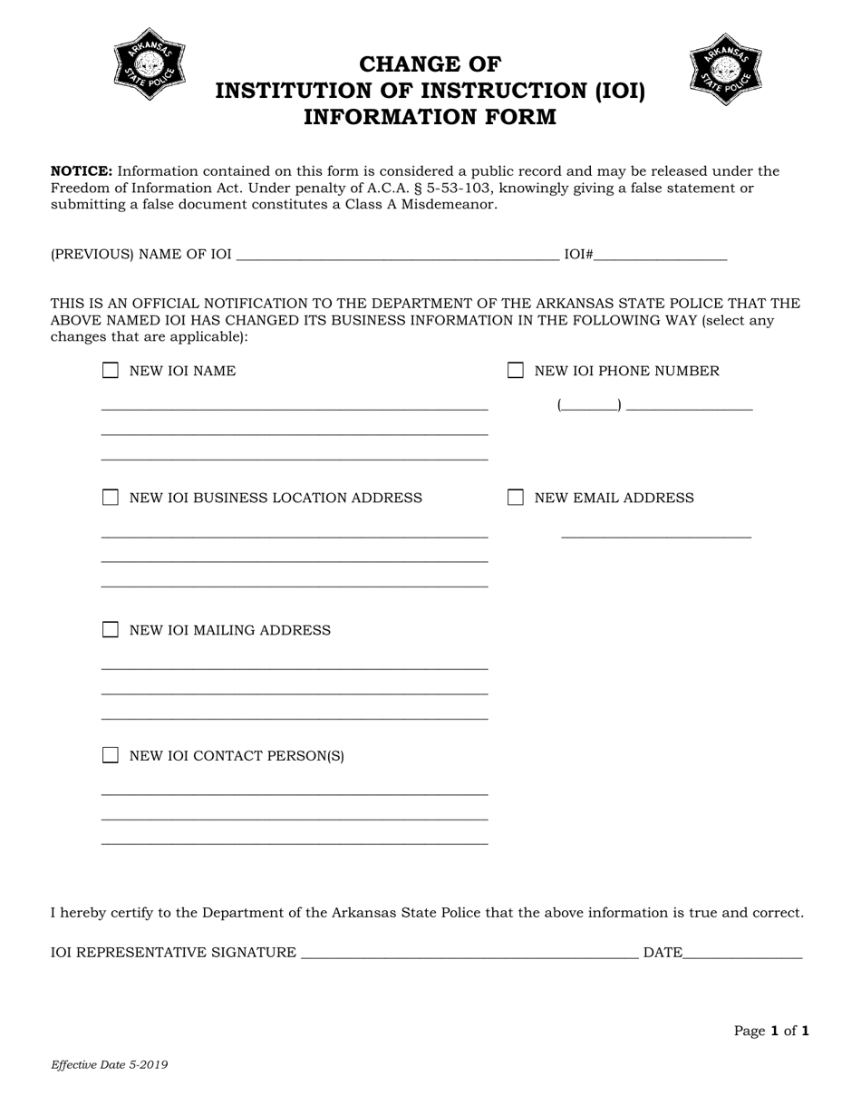 Change of Institution of Instruction (Ioi) Information Form - Arkansas, Page 1