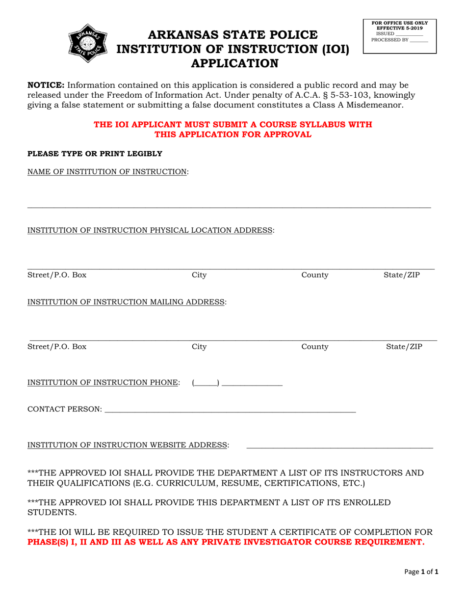 Institution of Instruction (Ioi) Application - Arkansas, Page 1