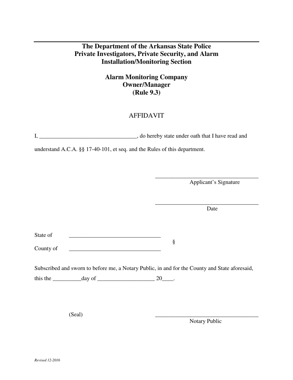 Arkansas Alarm Monitoring Company Owner/Manager (Rule 9.3) Affidavit ...