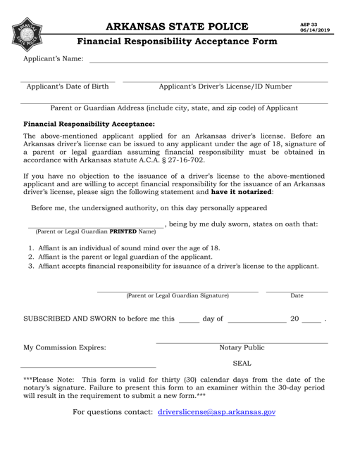 Form ASP33 Financial Responsibility Acceptance Form - Arkansas