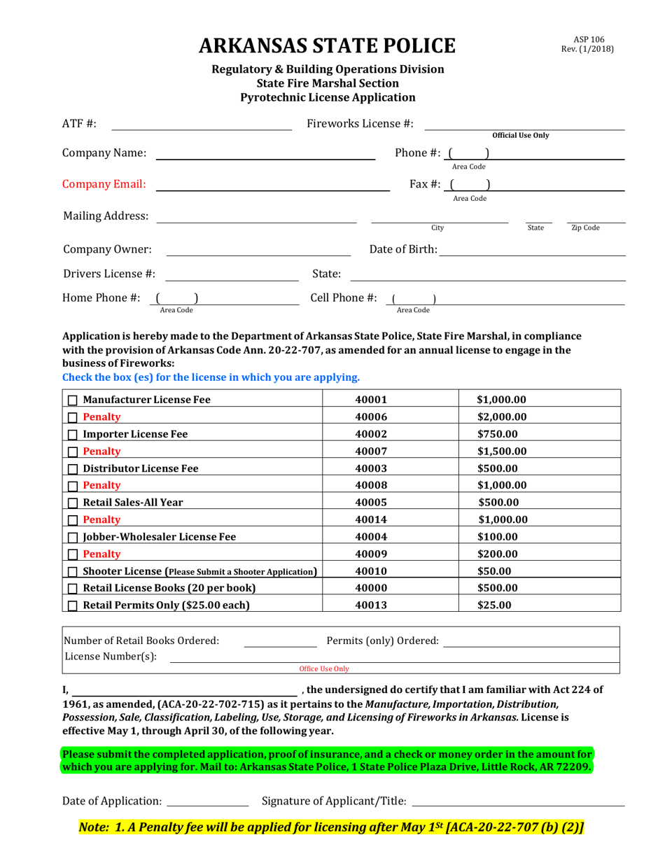 Form ASP106 Pyrotechnic License Application - Arkansas, Page 1