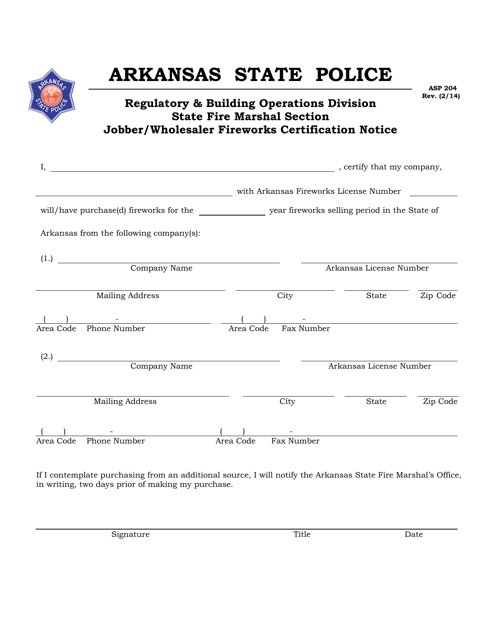 Form ASP204 Jobber/Wholesaler Fireworks Certification Notice - Arkansas
